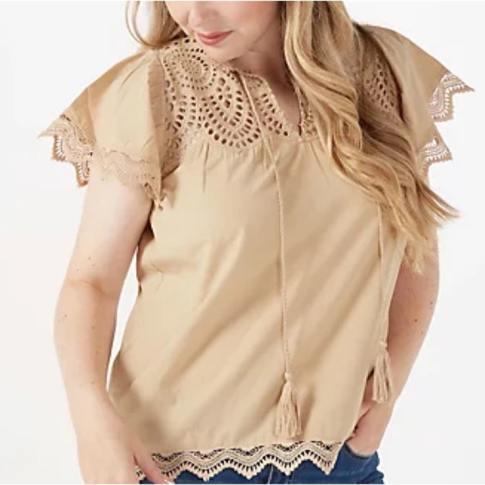 Badgley Mischka Tan Filigree Short Sleeve Top 100% Cotton XS